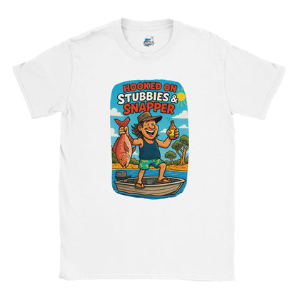 Hooked on Stubbies & Snapper Fishing T-shirt - Fishing Central Australia