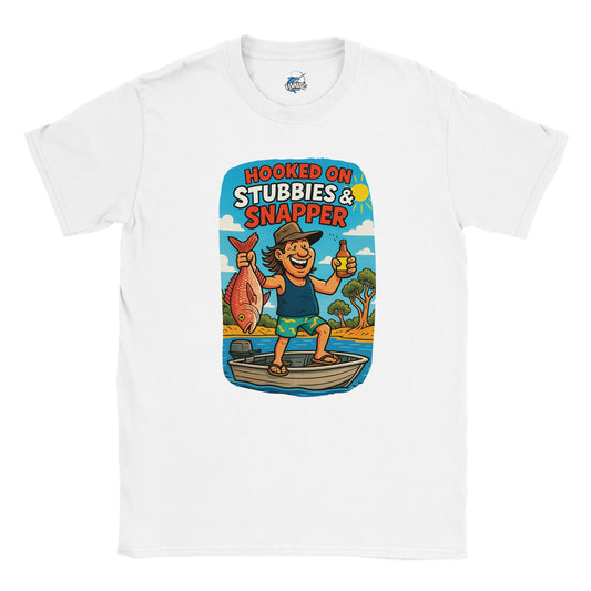 Hooked on Stubbies & Snapper Fishing T-shirt - Fishing Central Australia