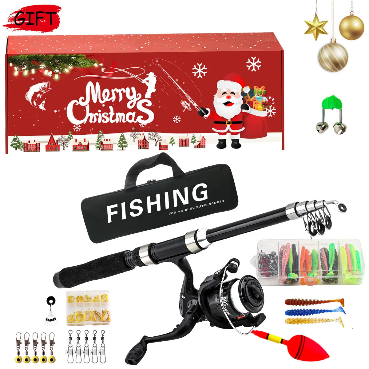 Christmas Fishing Rod and Reel Combo Lightweight Casting Tackle Set
