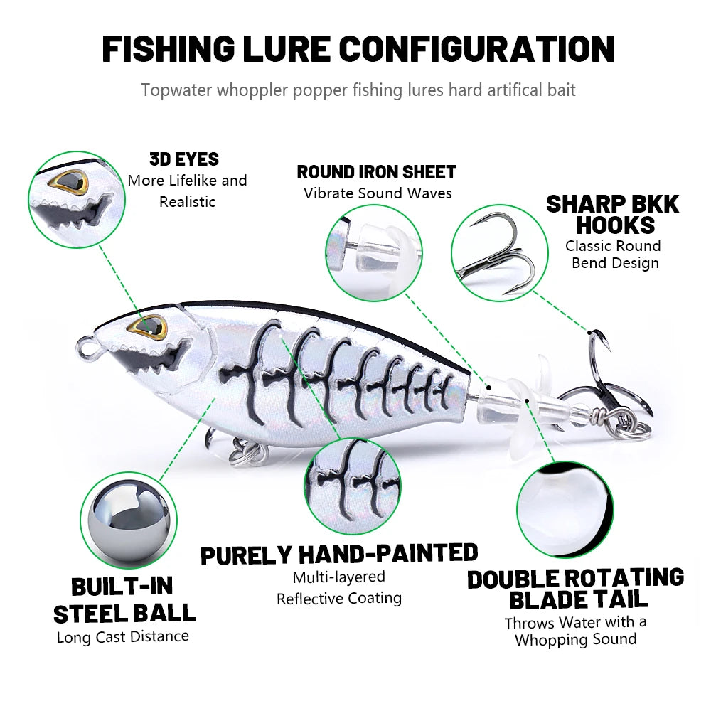 Topwater Double Tail Popper Lure for Bass