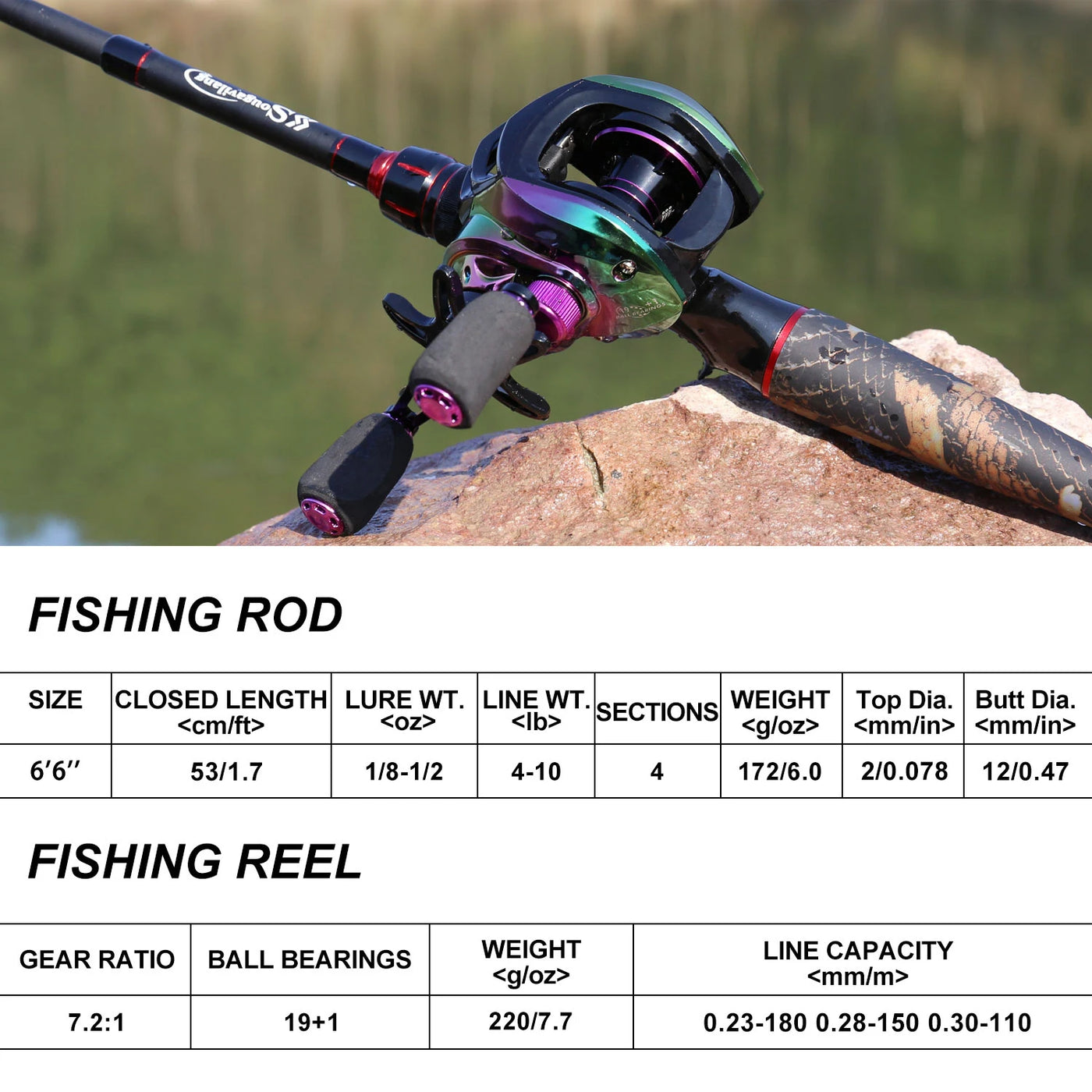 Sougayilang Fishing Set 1.98m Carbon Fiber Casting Rod and 19+1BB Baitcasting Reel Max Drag 15kg All for Fishing Tools Pesca