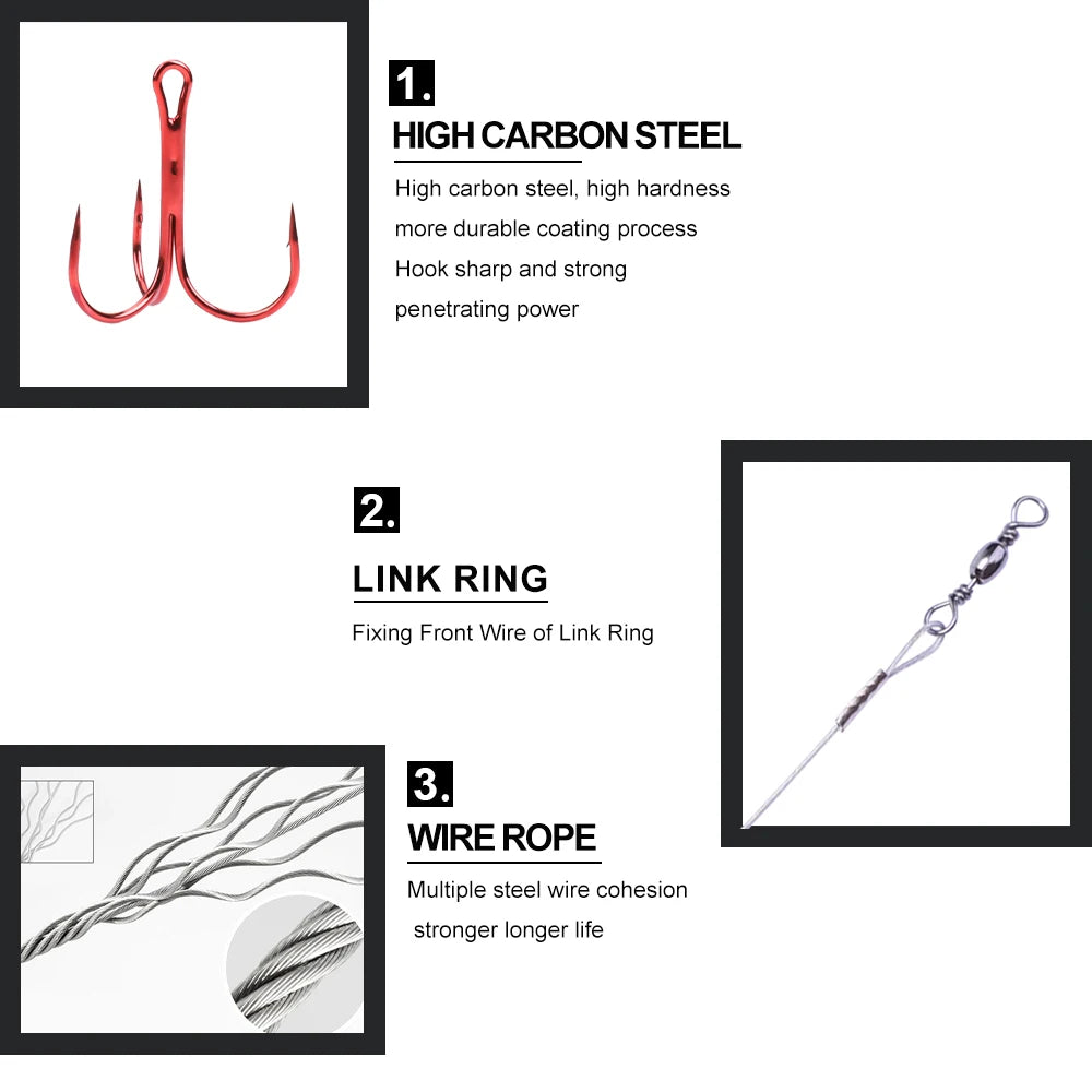 Steel Treble Hooks with Wire for Carp and Bass
