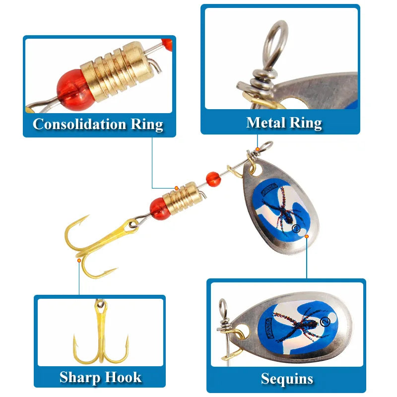 Mixed-Color Metal Spinner Bait Kit with Treble Hooks Christmas Gift